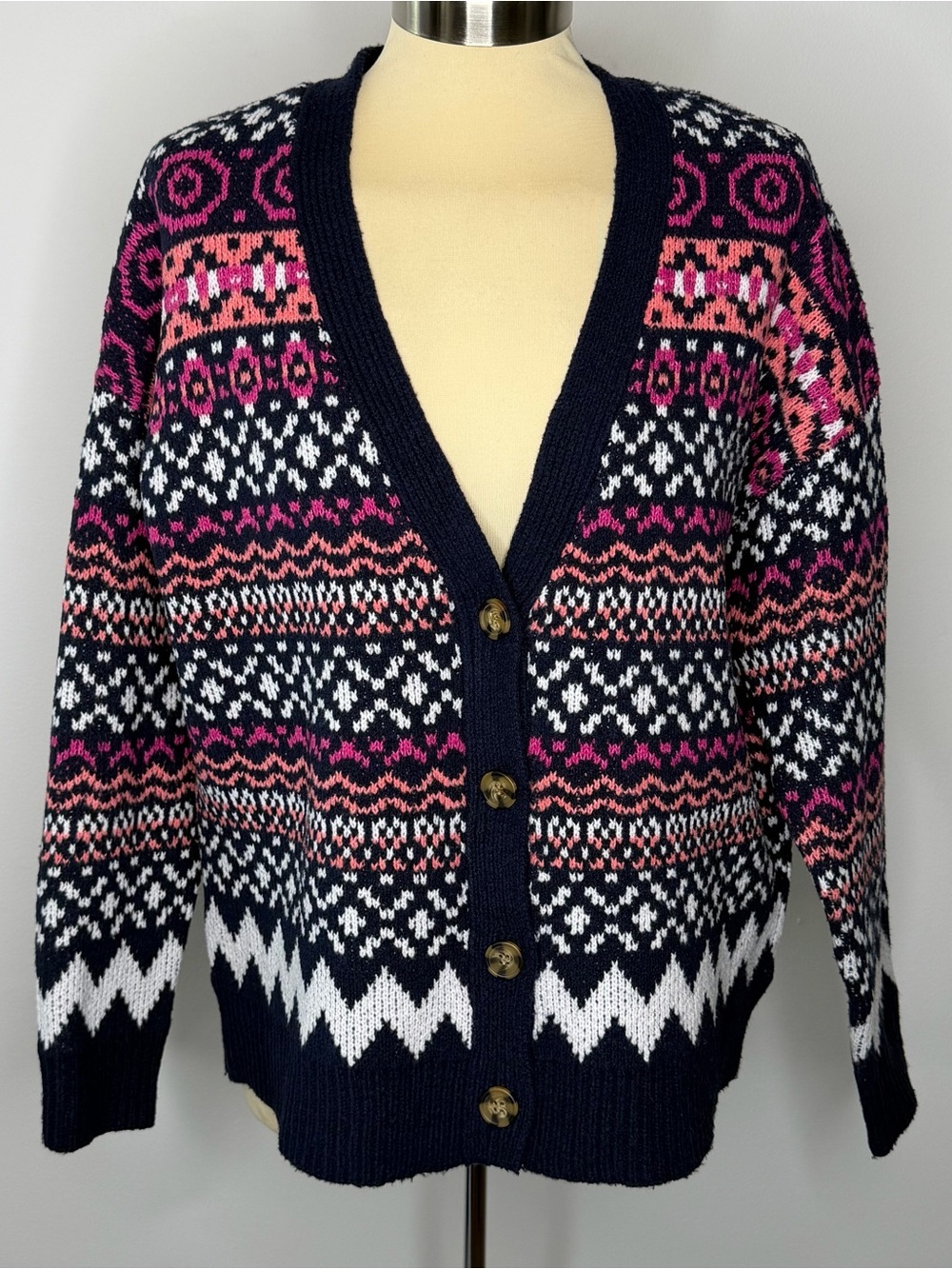 Cupcakes & Cashmere Navy and Pink Fair Isle Button Front Cardigan Sweater